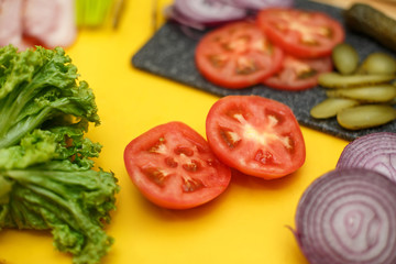 Cooking sandwich. All ingradients for cooking sandwich prepared on wooden table