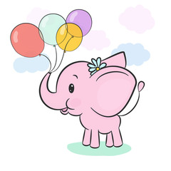 Cute pink baby elephant holding balloons in trunk on cartoon background with pastel clouds and lawn. 