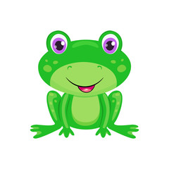 Cute cartoon frog isolated on white background. Funny toad with bright eyes, smiling and kind. 