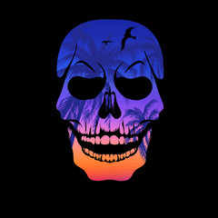 Colorful skull silhouette with palm trees pattern. T-shirt print, design for youth, teenagers.