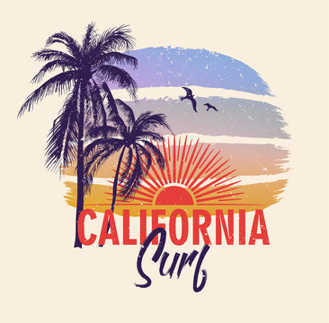 California surf. Colorful poster with palm trees and sun. T-shirt print with inscription, summer design for youth, teenagers.