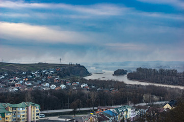 Obraz premium Panorama of a small European town at sunset