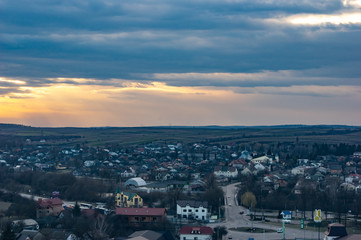 Fototapeta premium Panorama of a small European town at sunset