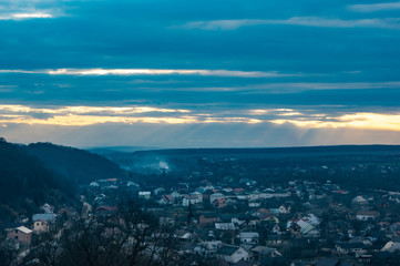 Fototapeta premium Panorama of a small European town at sunset
