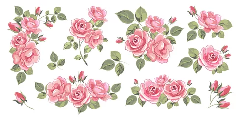 Abwaschbare Fototapete Blumensträuße aus blühenden Rosen. Satz isolierter Objekte. Vektorbild. © podtin