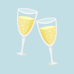 Glasses of champagne. Two glasses of champagne. Holiday symbol. Blue background. Vector illustration EPS 10.