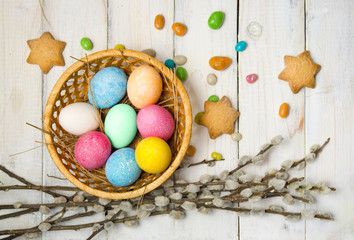 Easter eggs on rustic wooden background