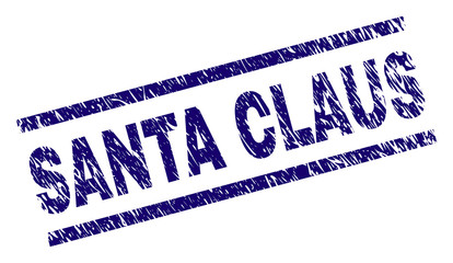 SANTA CLAUS seal stamp with grunge style. Blue vector rubber print of SANTA CLAUS text with grunge texture. Text tag is placed between parallel lines.