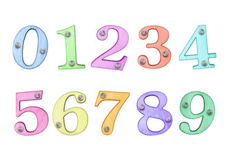 Colored numbers made of wood with nails, isolated on white background (part 2.Numbers)