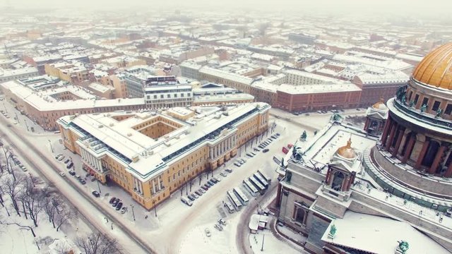 Isaac's cathedral in Saint-Petersburg aerial drone shot at winter and snow