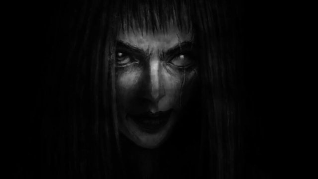 Pretty scarred girl face with glass eye appears from darkness and smiles. Devilish vampire woman. Animation in genre of fantasy. Animated video clip for creepy Halloween. Black and white background.