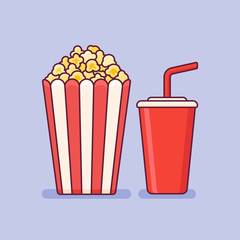Popcorn bucket with cup of soda flat line icon. Vector illustration.