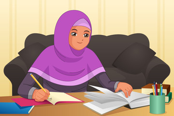 Muslim Girl Doing Homework at Home Illustration