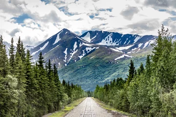 Crédence de cuisine en verre imprimé Denali Chemin de fer vers le parc national de Denali, en Alaska, avec des montagnes impressionnantes
