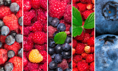  Fresh berries. Mixed of  blueberry, strawberry, raspberries. Collage of fresh color fruit