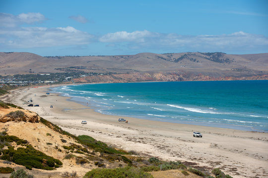 The beautiful Aldinga beach on clear sunny day with cars parked on the beach in South Australia on 14th February 2019