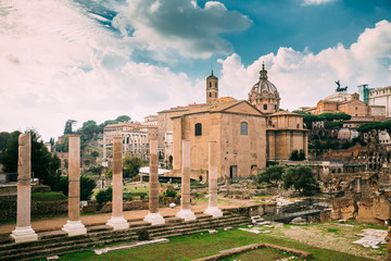 Rome, Italy. Temple Of Peace And Basilica Aemilia In The Roman Forum. Santi Luca E Martina Church And Senatorial Palace. UNESCO World Heritage Site