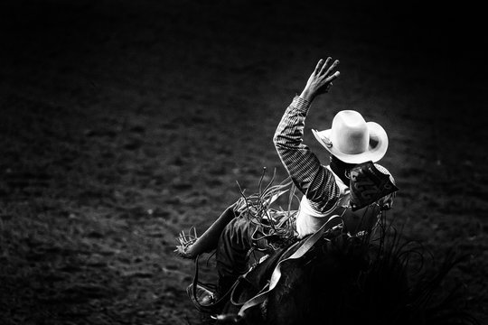 Monochrome rodeo cowboy in a white hat riding a bronco in ththe spotlight 