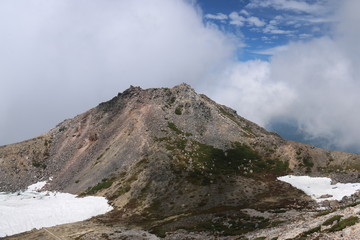 白山剣ヶ峰　御前峰　青空と雲と雪と　