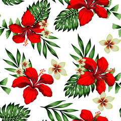 Seamless tropical flower with leaves pattern