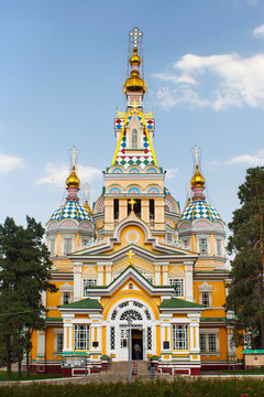 The Ascension Cathedral in Almaty, Kazakhstan. Is a Russian Orthodox cathedral. Completed in 1907, the cathedral is made out of wood but without nails and second tallest wooden building in the world.