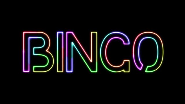 Bingo - seven colors neon text, moving lights, on transparent background