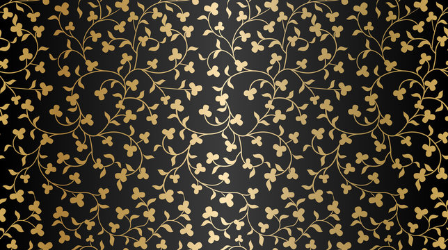 Seamless vector golden texture floral pattern. Luxury repeating damask black background. Premium wrapping paper or silk gold cloth.