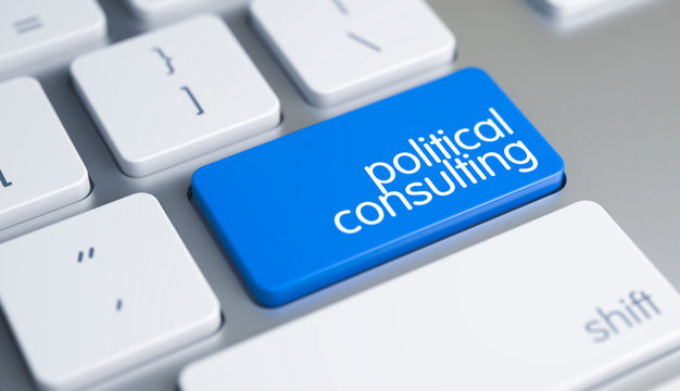 Political Consulting - Caption on the Blue Keyboard Key. 3D.