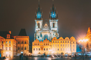Prague, Czech Republic. Church Of Our Lady Before Tyn In Old Town Square At Night Street Illumination Lights