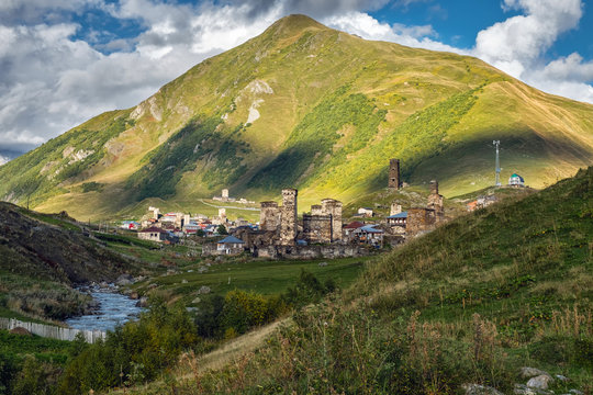 Svan towers of the famous Ushguli village with ruins of Tamara the Great tower, Chazhashi community. Svanety Georgia.