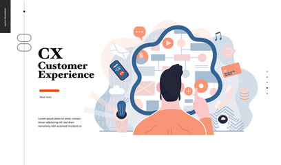 Technology 3 -CX customer experience - modern flat vector concept digital illustration of user or customer experience, a user in front of interface. Creative landing web page design template