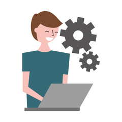 man using laptop settings gears
