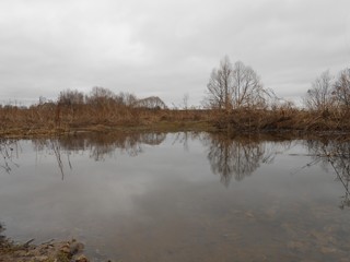 Puddle in the field in spring cloudy day with reflections.