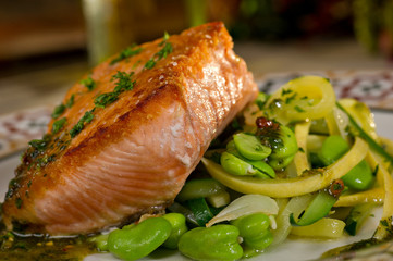 Baked Salmon on a bed of fava beans and capers