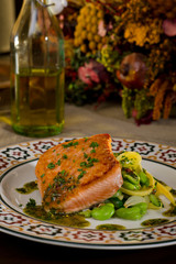 Baked Salmon on a bed of fava beans and capers