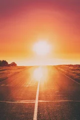 Foto op Plexiglas Asphalt Country Open Road In Sunny Morning Or Evening. Open Road In Summer Season At Sunny Sunset Or Sunrise Time © Grigory Bruev