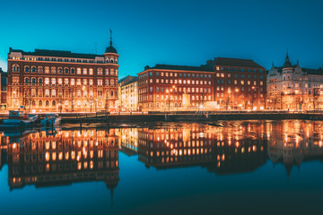 Fototapeta na wymiar Helsinki, Finland. View Of Pohjoisranta Street In Evening Or Night Illumination