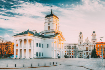Minsk, Belarus. Old Minsk City Hall on Freedom Square Hall In Sunny Spring Evening Day. Town Hall