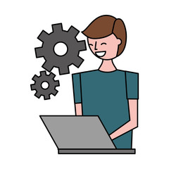 man using laptop settings gears