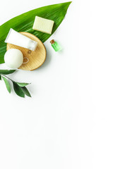 herbal cosmetic set for homemade spa on white background top view space for text