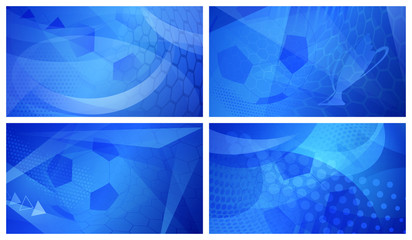 Set of four football or soccer abstract backgrounds with big ball in blue colors
