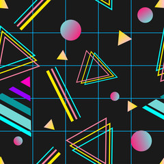 Vaporwave seamless 80's style pattern with geometric shapes.