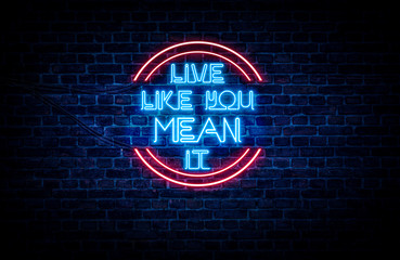 A sign showing Wisconsin state slogan, in blue and red neon light on a brick wall background and wires on the side.