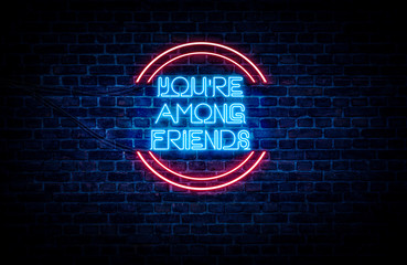 A sign showing Wisconsin state slogan, in blue and red neon light on a brick wall background and wires on the side.