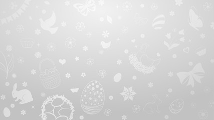 Background of eggs, flowers, cakes, hare, hen, chicken and other Easter symbols in gray and white colors