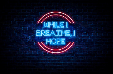 A sign showing South Carolina state slogan, in blue and red neon light on a brick wall background...