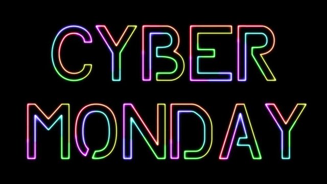 Cyber monday - seven colors neon text, moving lights, on transparent background
