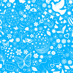 Seamless pattern of eggs, flowers, cakes, hare, hen, chicken and other Easter symbols, white on blue