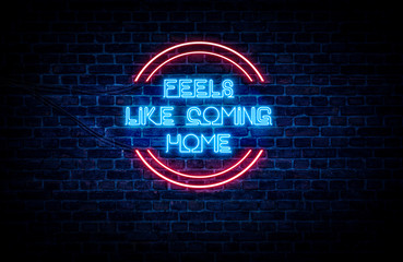 A sign showing Mississippi state slogan, in blue and red neon light on a brick wall background and...