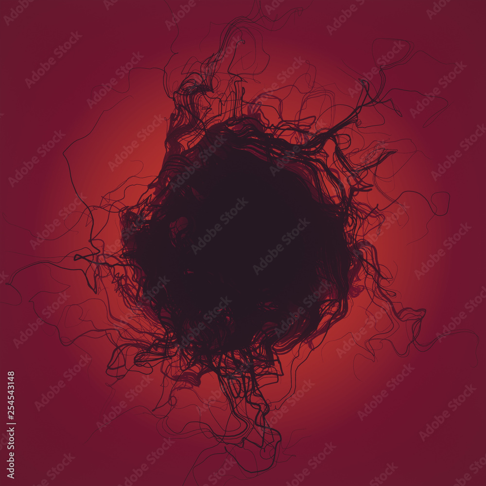 Aufkleber Abstract interweaving psychedelic dark lines surrounded by colored mist. Curled wire futuristic pattern. 3d rendering